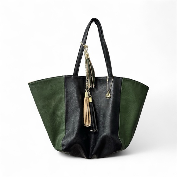Big Buddha Handbags - Big Buddha, black and green faux leather large tote bag with tassels